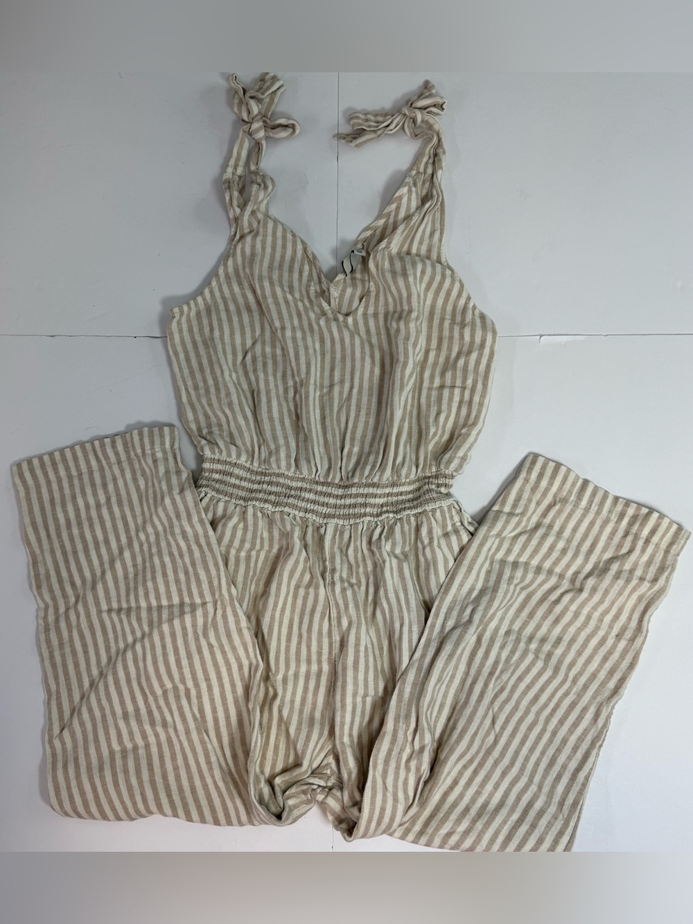 a new day Beige and White Striped Tie-Shoulder Jumpsuit linen blend
